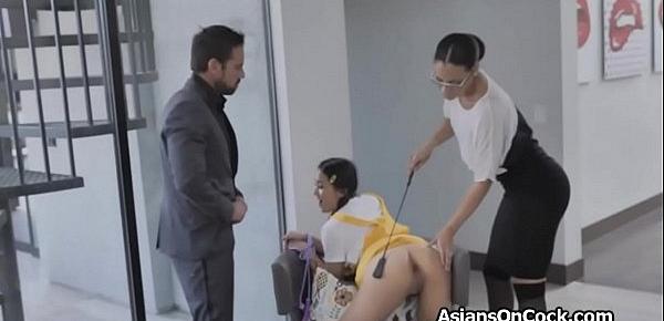  Couple punishes neighbor Asian teen in threesome